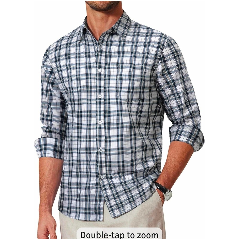 COOFANDY Mens Plaid Button Down Shirt 2XL Navy‎ White Long Sleeve